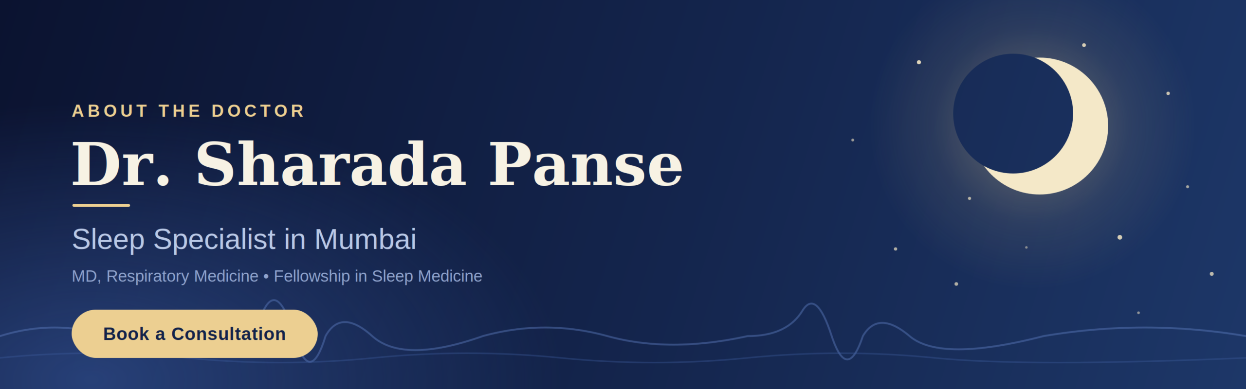 Hero banner introducing Dr. Sharada Panse, Sleep Specialist in Mumbai, with a prominent 'Book a Consultation' button and crescent moon decor on a navy gradient background.