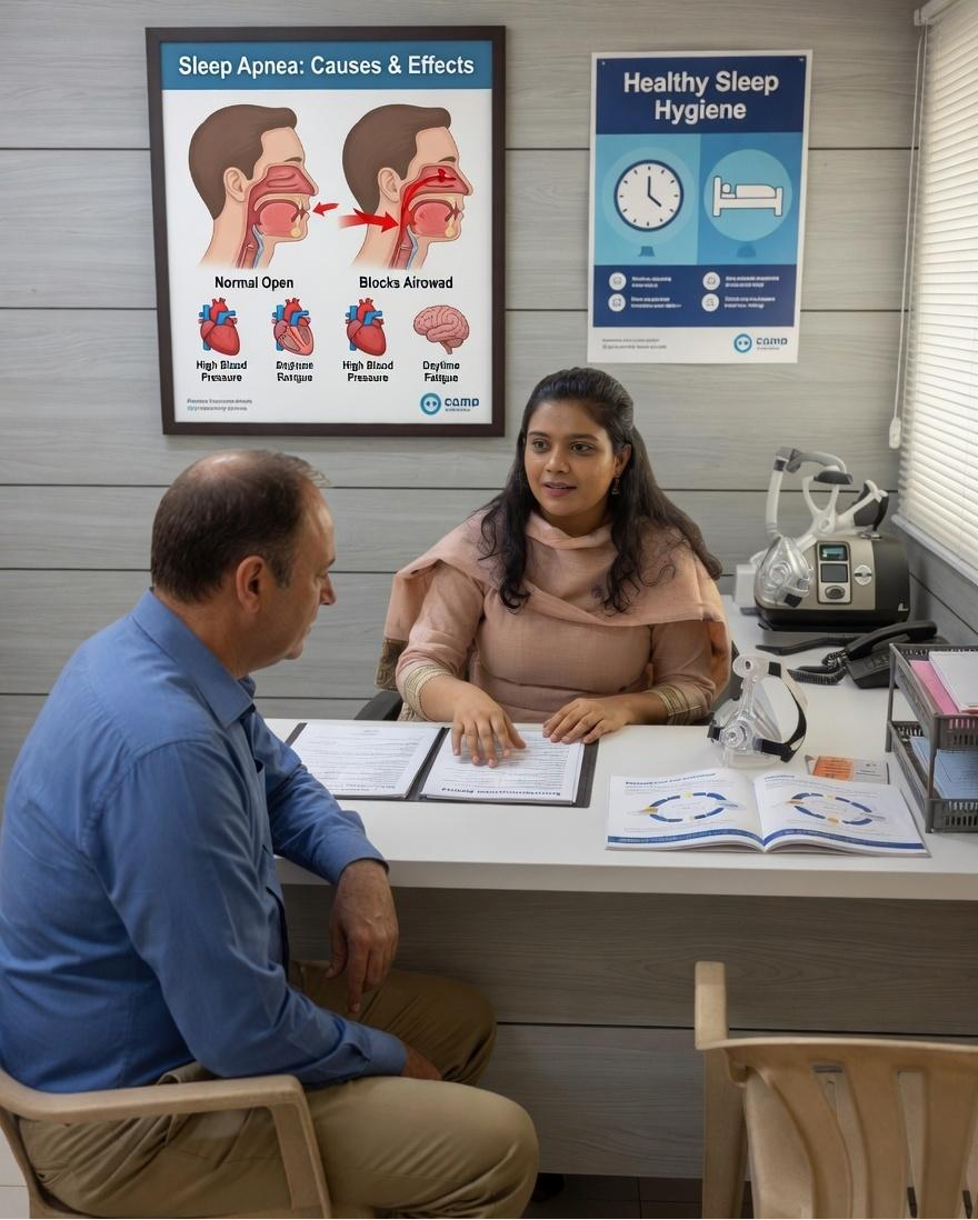 A clinician and a patient sit across a desk in a medical office, reviewing forms with educational posters about sleep apnea on the wall.